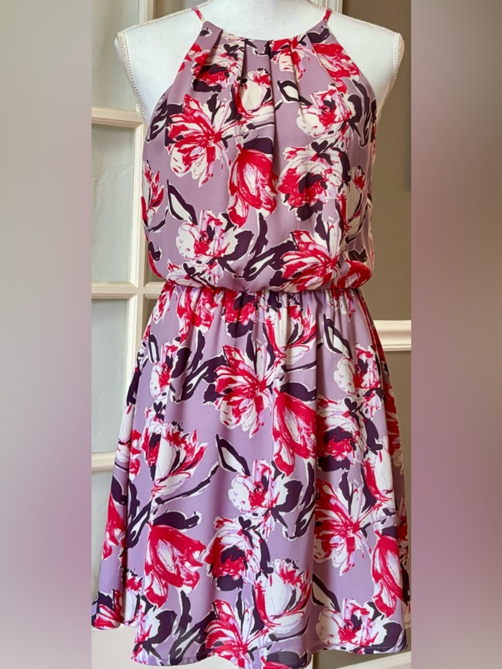 Lush Floral Halter Mini Dress NWT Mauve Pink Red Keyhole Back S